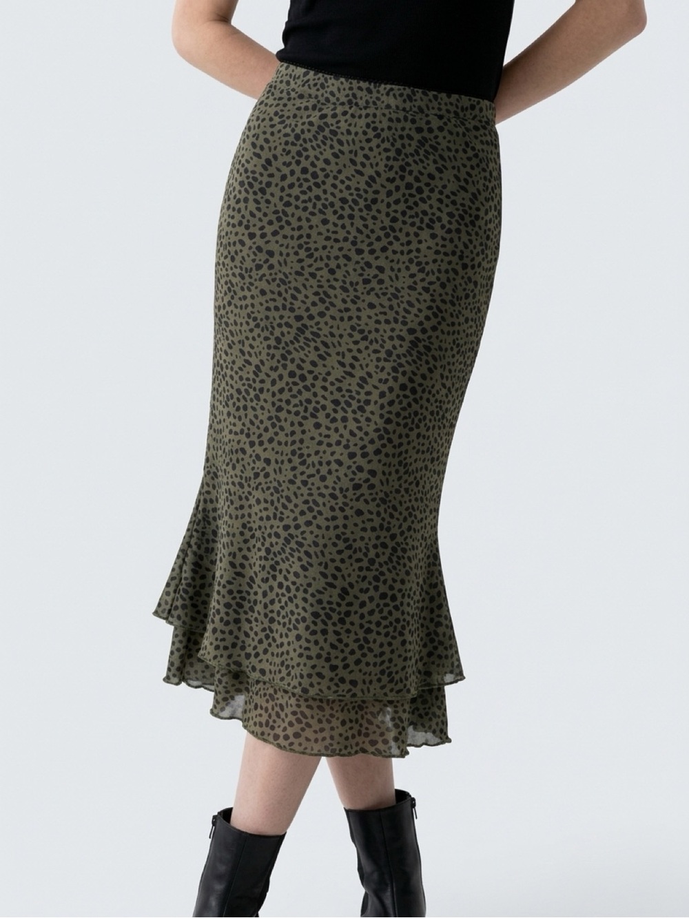 Olive Green Leopard Print Trumpet Style Tiered Midi Skirt Whimsigoth Alt Witchy